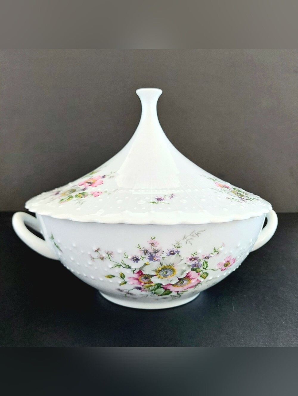 Mid-Century Limoges France Eglantine Pink Rose Lidded Serving Tureen Veg Bowl